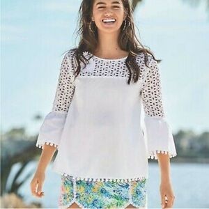 Lilly Pulitzer Top White Eyelet Bell Sleeve Size L